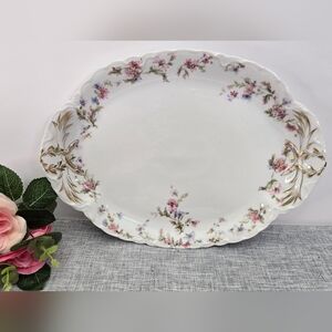 Vtg 13.5" Oval Serving Platter Schleiger by HAVILAND Limoges Pink Blue Flowers‎